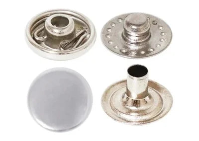 Spring snap fastener parts – socket, stud, flat cap and post, nickel colour (nickel free)