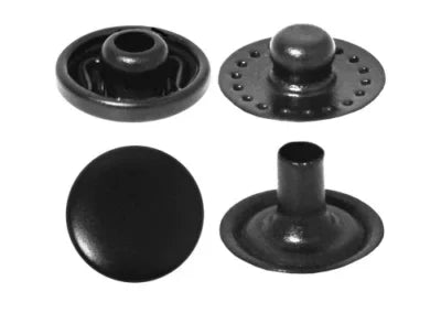 Bottone a pressione nero in 4 parti – cappuccio, femmina, maschio e base – per capi, pelle e accessori