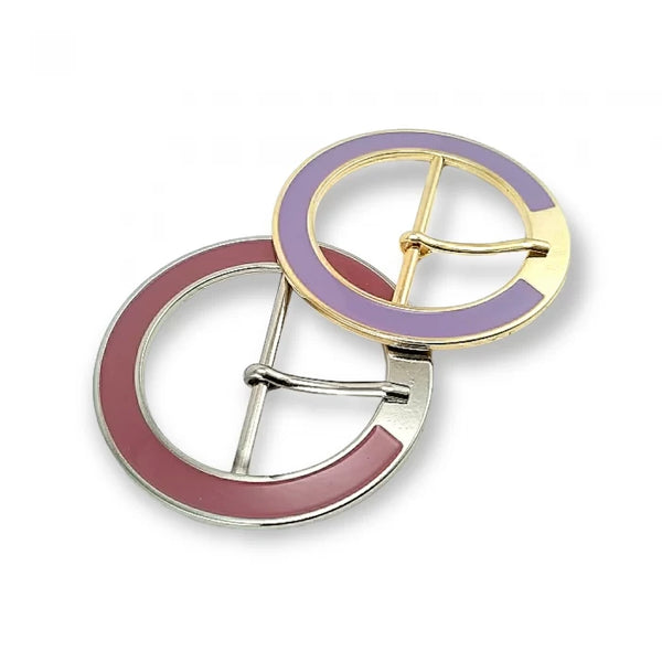 Fibbia rotonda in metallo smaltato con ardiglione – smalto rosa e viola, due misure