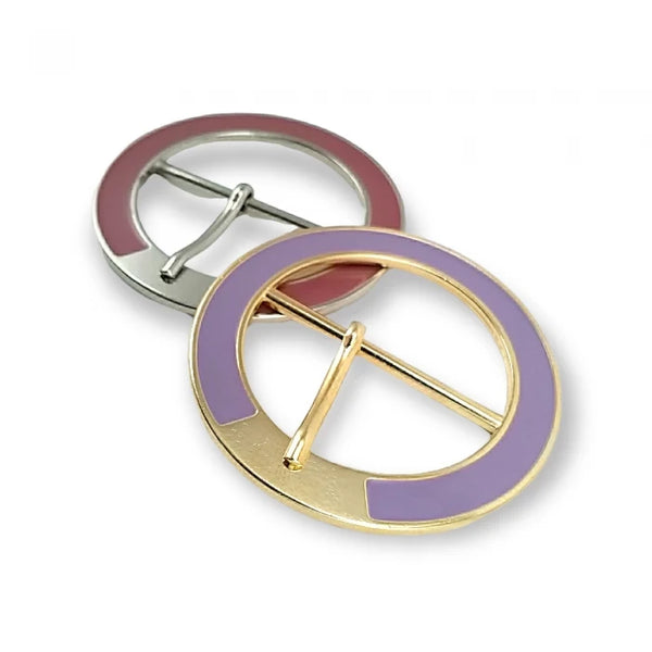Fibbia rotonda in metallo smaltato con ardiglione – smalto rosa su colore nichel (nickel free) e smalto viola su oro