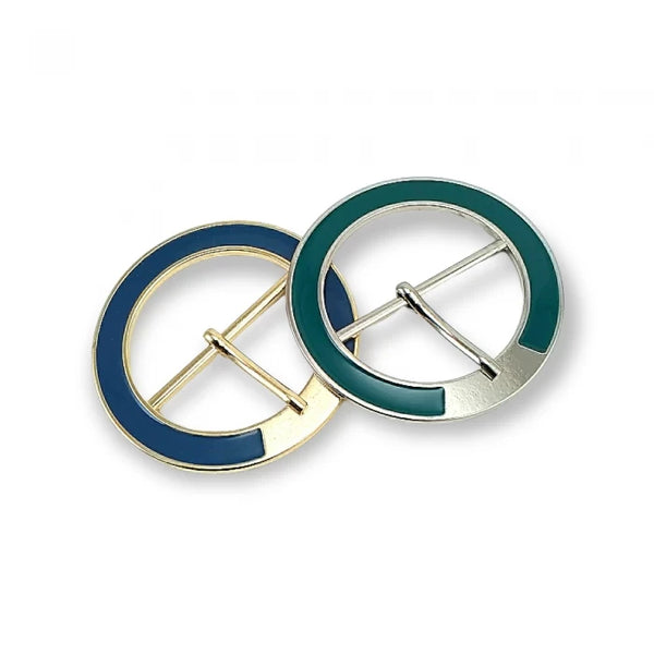 Fibbia rotonda in metallo smaltato con ardiglione – smalto blu su oro e smalto verde su colore nichel (nickel free)