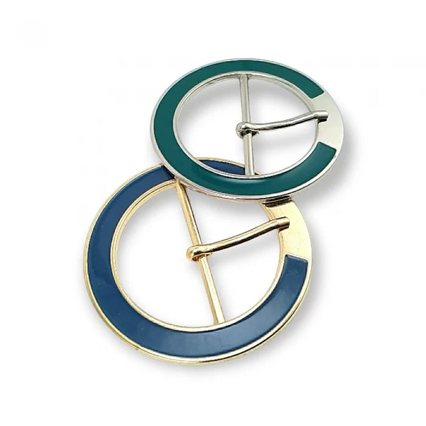 Fibbia rotonda in metallo smaltato con ardiglione – smalto verde su colore nichel (nickel free) e smalto blu su oro