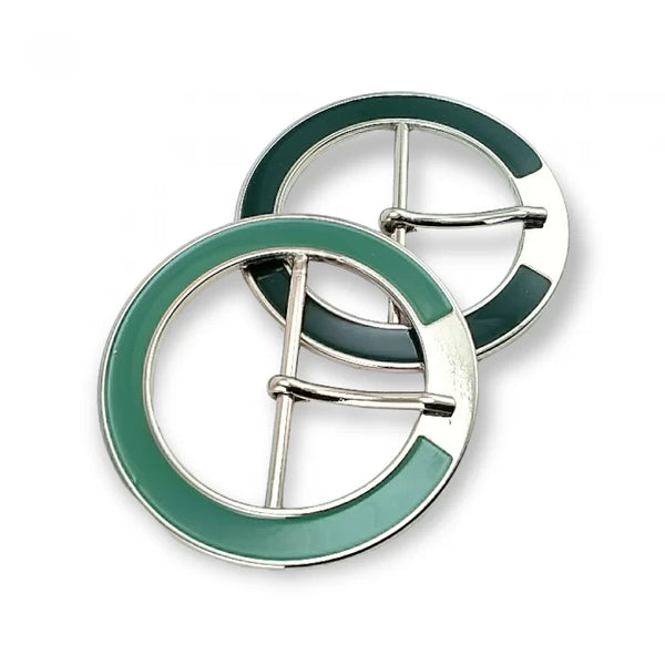 Fibbia rotonda in metallo smaltato con ardiglione – smalto verde e verde scuro su colore nichel (nickel free)