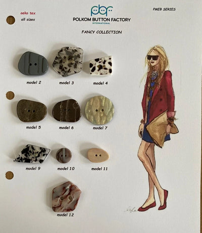 Fancy polyester buttons in irregular shapes – models 2–12 in grey, brown and spots
