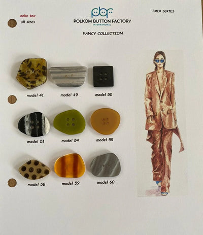 Fancy polyester buttons in non-standard shapes – models 41–60, terrazzo, horn and dots