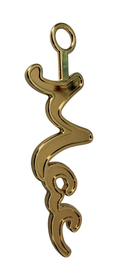 12 cm metal script logo pendant for bags – side view with the hanging loop