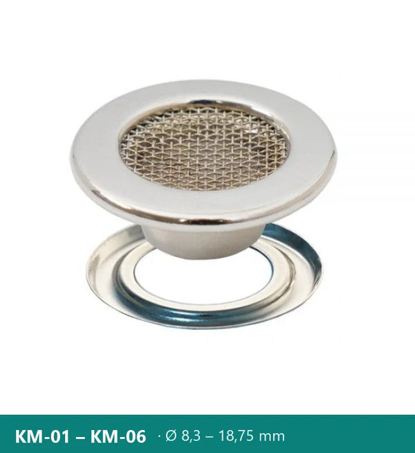 Očko so sieťkou a podložkou, farba nikel (nickel free) – Polkom KM · Ø 8,3 – 18,75 mm