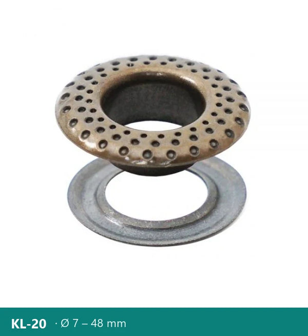 Očko s reliéfnym bodkovaným vzorom, antická meď – Polkom KL-20 · Ø 7 – 48 mm