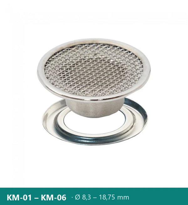Вентилационна капса с мрежа, страничен изглед – Polkom KM · Ø 8,3 – 18,75 mm