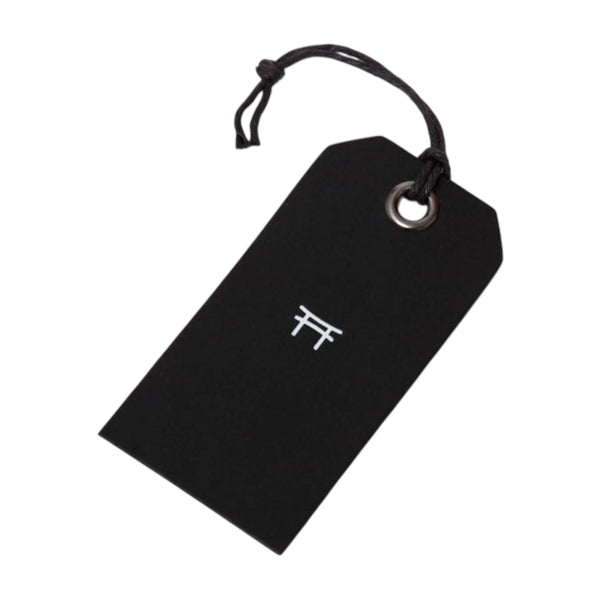 Minimalist black hang tag with eyelet and cotton string