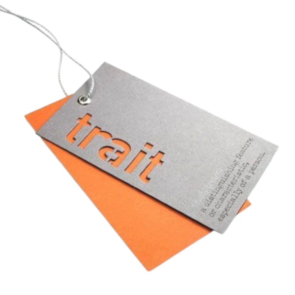 Double hang tag with die-cut logo, metal eyelet and silver string