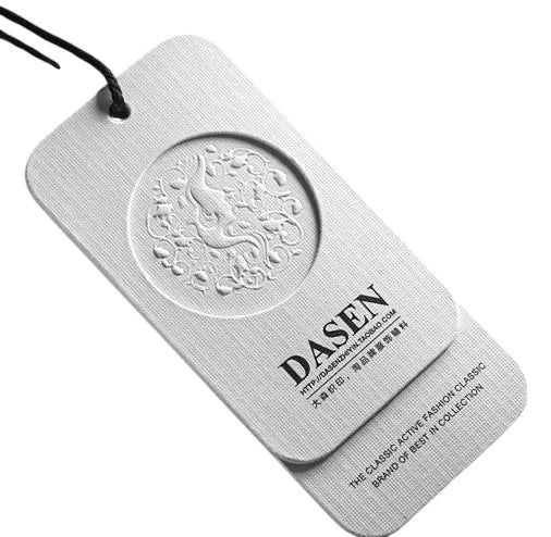 Silver hang tag with rounded corners, blind embossing and texture