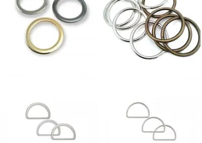 Collage di anelli metallici – tondi, piatti e a D, in oro, argento, canna di fucile e anticato
