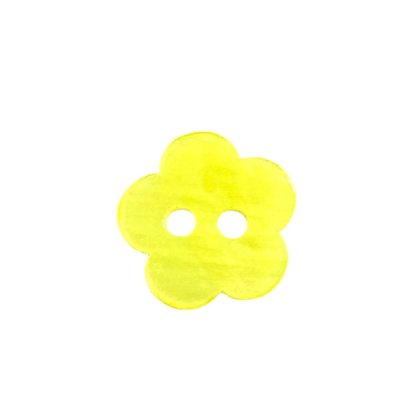 Gele polyester bloemknoop met 2 gaatjes en parelmoereffect voor kinderkleding