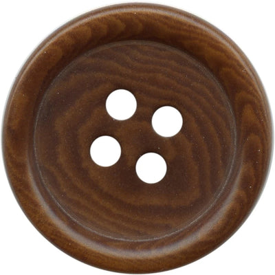 Brown corozo button with 4 holes, rim and distinct natural grain for jackets