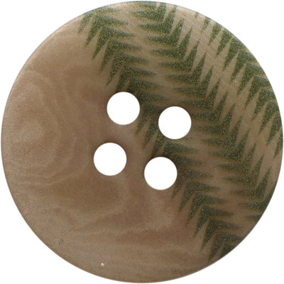 Flat corozo button with 4 holes and green laser-printed herringbone on a natural tone