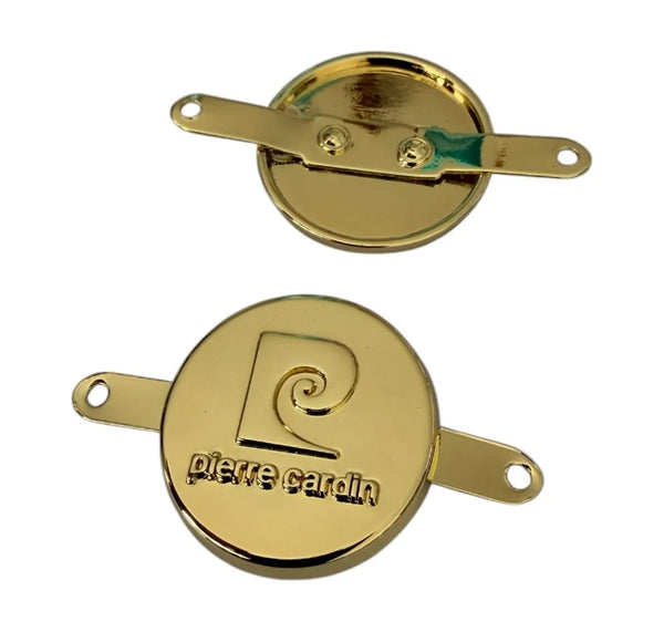 Médaillon métallique rond avec logo en relief Ø 28 mm, or – face et dos avec plaquette