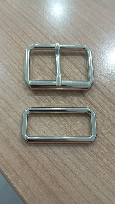 Metal roller buckle and rectangle ring in nickel colour (nickel free) – matching set