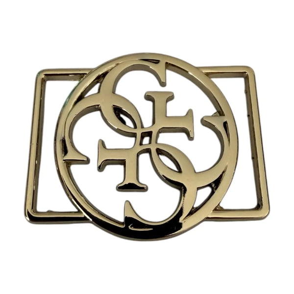 Placca logo in metallo oro lucido con monogramma traforato nel cerchio e asole per nastro 20 mm