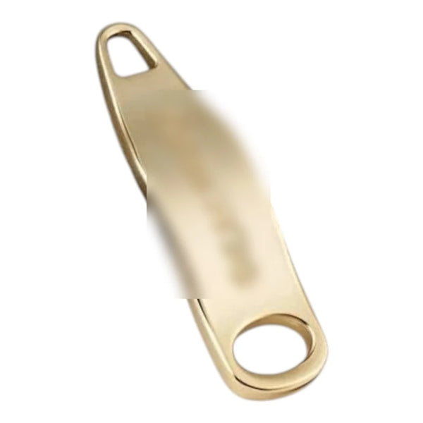 Tiretto per zip allungato in metallo con due aperture e logo in oro chiaro