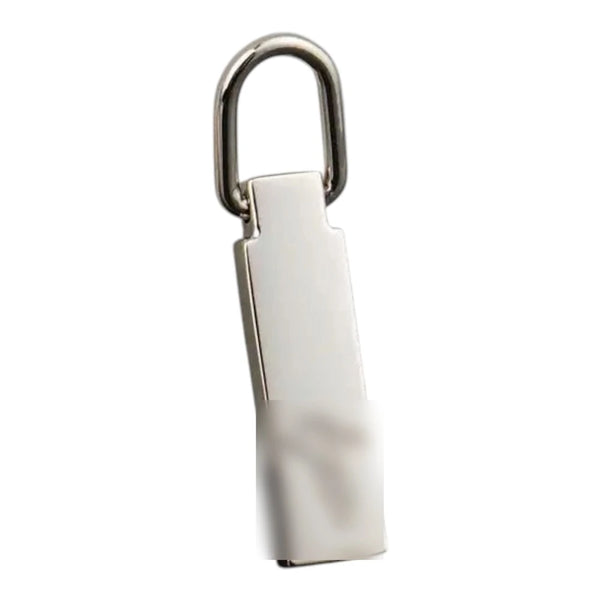 Tiretto per zip in metallo con logo inciso color nichel (nickel free) e anello a D