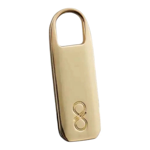 Tiretto per zip piatto in metallo con logo color oro per borse e giacche