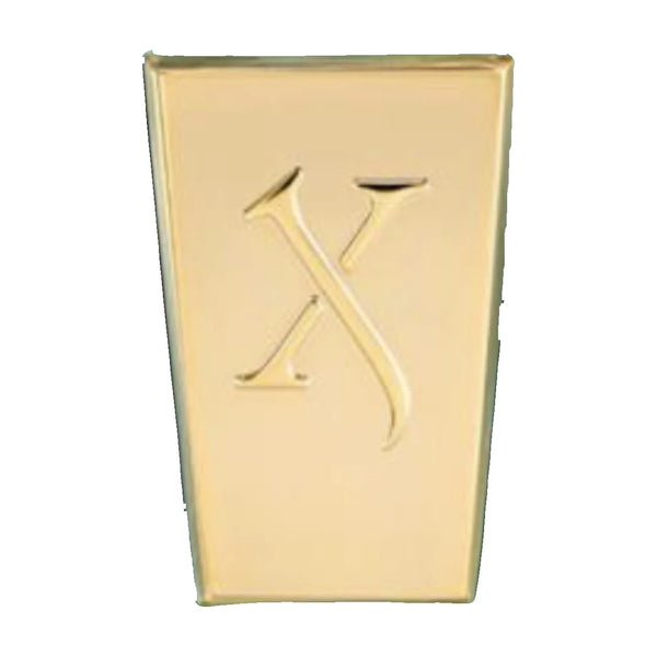 Metaletiket til parfume – guld med logo i relief