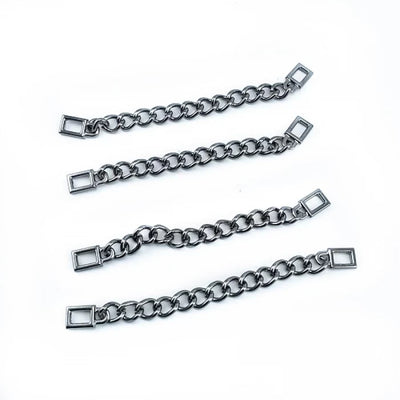 Metal coat hanging chains with square end pieces, in a row, gunmetal