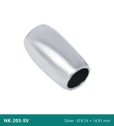 Capăt metalic pentru șnur, butoiaș NK-203-SV – argintiu, Ø 8,74 × 14,91 mm