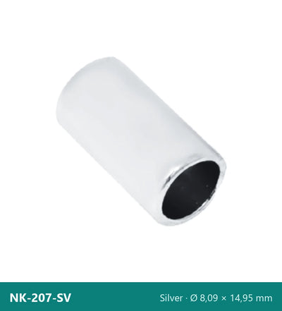 Capăt metalic pentru șnur, cilindru neted NK-207-SV – argintiu, Ø 8,09 × 14,95 mm