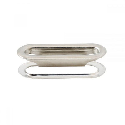 Occhiello ovale in metallo con rondella, color nichel (nickel free), per coulisse piatte di felpe e tute
