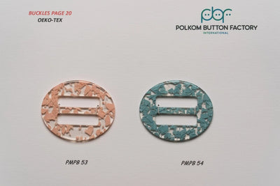 Oval polyester buckles with colour chips in pink and turquoise for dress belts