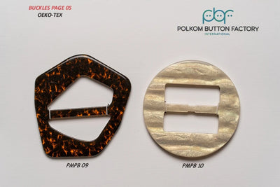 Pentagonal tortoiseshell polyester buckle and round buckle with pearly stripes