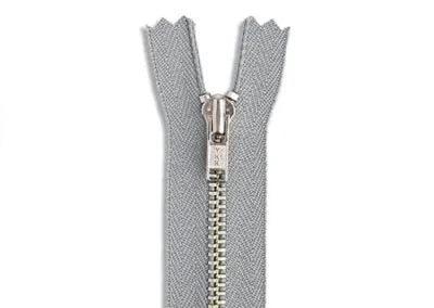 Grey metal jeans zipper with silver-tone teeth and slider
