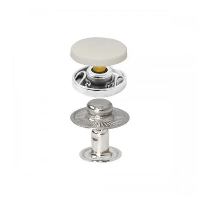Bottone a pressione 15 mm con cappellotto in plastica bianco e parti metalliche, sistema 54, per workwear