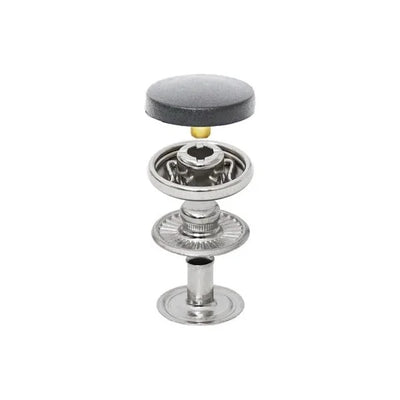 Bottone a pressione 15 mm con cappellotto in plastica nero e parti metalliche, sistema 54, per divise